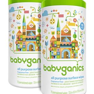 Babyganics All Purpose Surface Wipes, Fragrance Free, 150 Count (contains Two 75-count canisters)