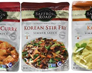 Saffron Road Authentic Recipe Simmer Sauce 3 Flavor Variety Bundle: (1) Thai Red Curry, (1) Korma, and (1) Korean Stir Fry Simmer Sauce, 7 Oz. Ea. (3 Pouches Total)
