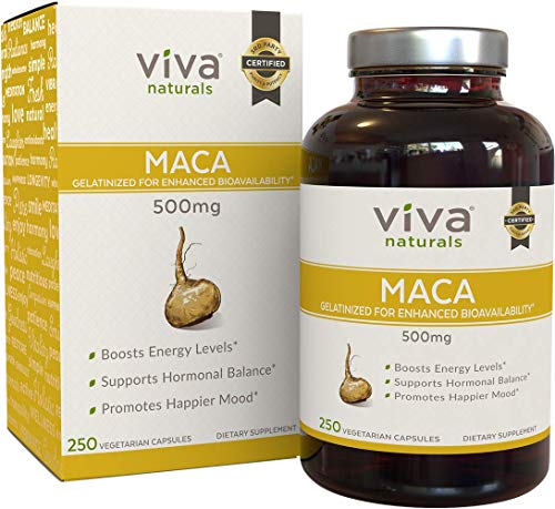 Organic Maca Root Capsules by Viva Naturals, 500mg, 250 Vegetarian Capsules, Gelatinized for Enhanced Bioavailability