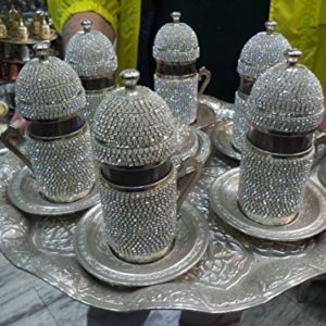 Handmade Turkish Swarovski Coated Copper/Glass Water-Tea-Zamzam Serving Set For 6 -- Silver