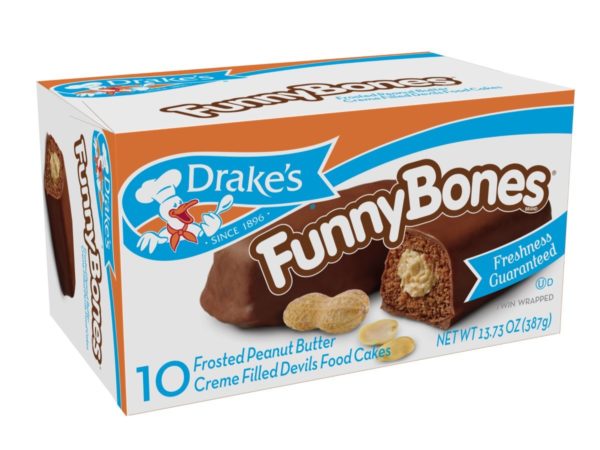 Drakes Funny Bones Snack Cakes, 10 cakes per box, 13.73oz of Funny Bones Peanut Butter Filled Devil's Cakes (4-Boxes)
