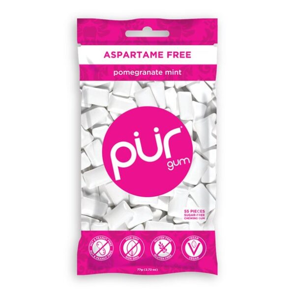 The PUR Company | Sugar-Free + Aspartame-Free Chewing Gum | 100% Xylitol | Pomegranate Mint | Vegan + non GMO | 55 Pieces per Bag