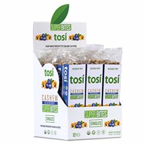 Tosi SuperBites Blueberry Cashew 1oz; Plant-Based Protein, Vegan, Gluten Free, Omega 3's and Fiber from Chia and Flax Seeds (12ct)