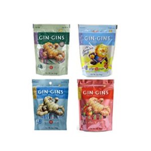 Gin Gins Gluten Free Vegan Ginger Candy 4 Flavor Variety Bundle: (1) Gin Gins Original, (1) Gin Gins Spicy Apple, (1) Gin Gins Peanut, and (1) Gin Gins Super Strength, 3 Oz. Ea.