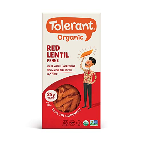 Tolerant Organic Gluten Free Red Lentil Penne Pasta, 8 Ounce Box (Pack of 1), Plant Based Protein, Vegan Pasta, Single Ingredient Protein Pasta, Whole Food, Clean Pasta, Low Glycemic Index Pasta
