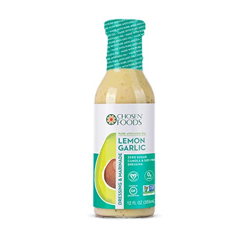 Chosen Foods Avocado Oil-Based Lemon Garlic Dressing and Marinade 12 oz., Non-GMO, Certified Vegan, Gluten Free, Dairy Free, Soy Free and Canola Free