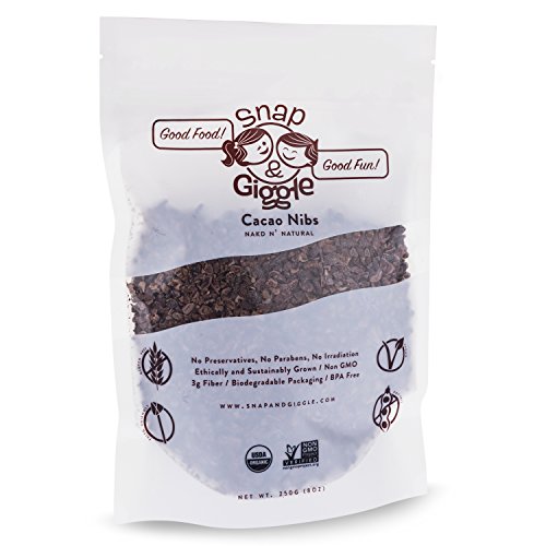 Snap and Giggle Raw Organic Cacao Nibs, Sugar Free Chocolate Chips, Excellent for Keto, Paleo, and Vegan Snacks, Natural Flavor, High in Fiber, Magnesium, and Iron, 226 Grams