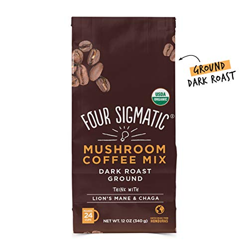Four Sigmatic Mushroom Ground Coffee - USDA Organic and Fair Trade Coffee with Lions Mane and Mushroom Powder - Focus, Wellness - Vegan, Paleo - 12 Oz - Dark Roast