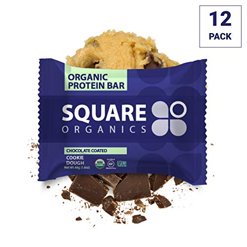 Square Organics Protein Bars, Dark Chocolate Cookie Dough, Vegan Protein, Coconut MCT Oil, Pre Workout Healthy Snack, 12-Pack