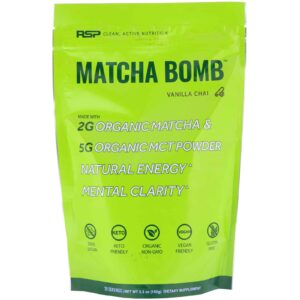 RSP Matcha Bomb (150g) - Organic Matcha Green Tea Powder with MCTs for Natural Energy and Clarity, Non-GMO, Keto Friendly, Vegan Friendly, Gluten Free, Vanilla Chai (20 Servings)
