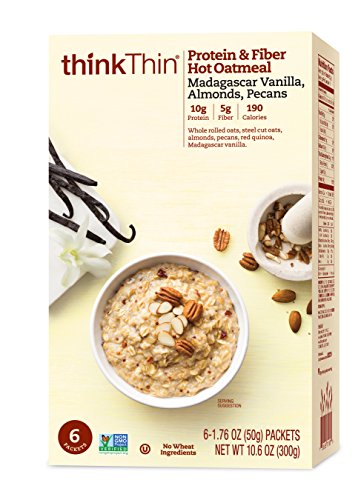 Oatmeal Packets by thinkThin, Instant Protein & Fiber Hot Oatmeal for On The Go- 10g Protein, 5g Fiber, Vegan - Madagascar Vanilla with Almonds and Pecans, 1.76 oz Packets (6 Boxes/6 Packets Per Box)