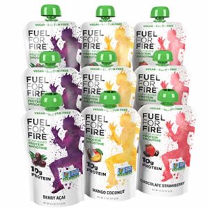 Fuel For Fire - Vegan Variety (9 Pack) Fruit & Plant-based Protein Smoothie Squeeze Pouch | Great Drink for Workouts, Kids, Snacking - Gluten-Free, Soy-Free, Kosher, No Added Sugar (4.5 ounce pouches)