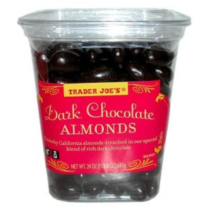 Trader Joe's Dark Chocolate Almonds Crunchy California Almonds Drenched in Rich Dark Chocolate no gluten or sodium