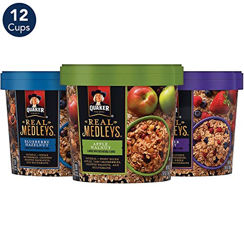 Quaker Real Medleys Instant Oatmeal, 3 Flavor Variety Pack (12 Cups)