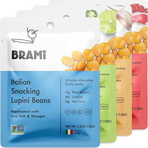 BRAMI Lupini Beans Snack, Variety Pack | 7g Plant Protein, 0g Net Carbs | Vegan, Vegetarian, Keto, Mediterranean Diet | 5.3 oz (4 Count)