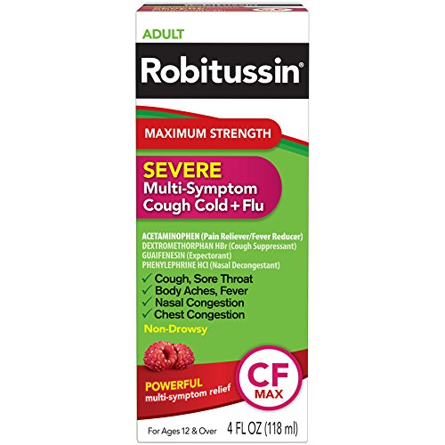 Robitussin Adult Maximum Strength Severe Multi-Symptom Cough (4 fl. oz. Bottle), Cold + Flu CF Max, Non-Drowsy, Raspberry Mint Flavor