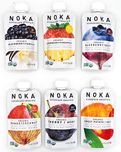 NOKA Superfood Pouches (6 Flavor Variety) 6 Pack | 100% Organic Fruit And Veggie Smoothie Squeeze Packs | Non GMO, Gluten Free, Vegan, 5g Plant Protein | 4.2oz Each