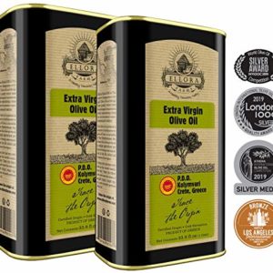 Ellora Farms | Global Award Winner | Single Estate Traceable Extra Virgin Olive Oil | Cold Pressed | Certified PDO Kolymvari | Harvested in Crete, Greece | Kosher OU | 1 Lt (33.8 oz) Tins | Pack of 2