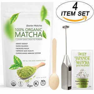 Starter Matcha 12oz (4 items set) - USDA Organic, Non-GMO Certified, Vegan and Gluten-Free | Pure Matcha Green Tea Powder + Wooden Spoon + Electric Frother + 2oz Sample of Sweet Japanese Matcha