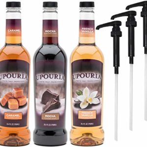 Upouria Coffee Syrup Variety Pack - French Vanilla, Mocha, and Caramel Flavoring, 100% Gluten Free, Vegan, and Non Dairy, 750 mL Bottle - 3 Coffee Syrup Pumps Included