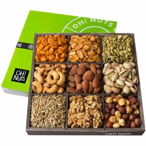 Oh! Nuts Holiday Nuts Gift Basket, 9 Variety Mixed Nut Assortment Wood Tray Baskets, Gourmet Christmas Roasted Healthy Fresh Food Care Package for Corporate, Mothers, Fathers Day or Thanksgiving