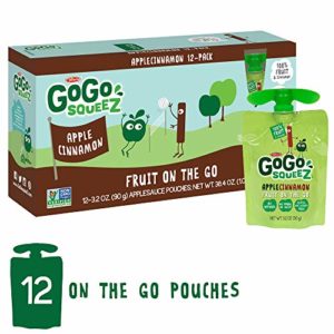 GoGo squeeZ Applesauce on the Go, Apple Cinnamon, 3.2 Ounce (12 Pouches), Gluten Free, Vegan Friendly, Healthy Snacks, Unsweetened Applesauce, Recloseable, BPA Free Pouches