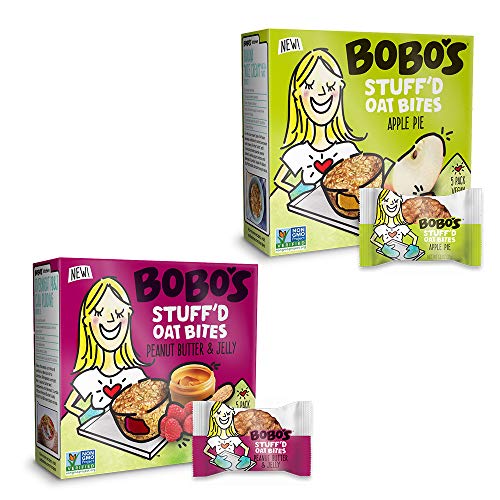 Bobo's Stuff'd Oat Bites (Apple Pie, Peanut Butter & Jelly Variety Pack, 6x5 Pack Box of 1.3 oz Bites) Gluten Free Whole Grain Rolled Oat Snack, Vegan On-The-Go