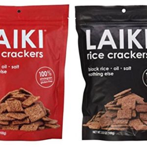 Laiki Gluten Free Non-GMO Rice Crackers 2 Flavor Variety Bundle: (1) Red Rice Crackers, and (1) Black Rice Crackers, 3.53 Oz Ea (2 Bags)