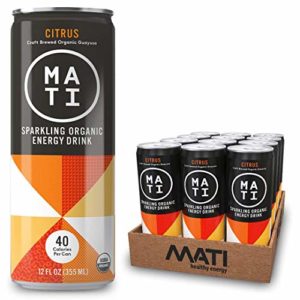 MATI Sparkling Organic Energy Drink, All Natural Craft Brewed Guayusa, Low Calorie, Refreshing Not Sweet, Citrus, 12 Fl Oz Cans (Pack of 12) Plant Based Energy, NON-GMO, Vegan, Antioxidants