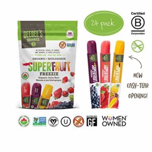 DeeBee's 100% Organics Super Fruit Freezie Frozen Juice Bars - Grape, Strawberry and Tropical Fruit Popsicles - Nut, Gluten and Dairy-Free, No Added Sugars - Vegan, Kosher and Non-GMO (24 Pack)