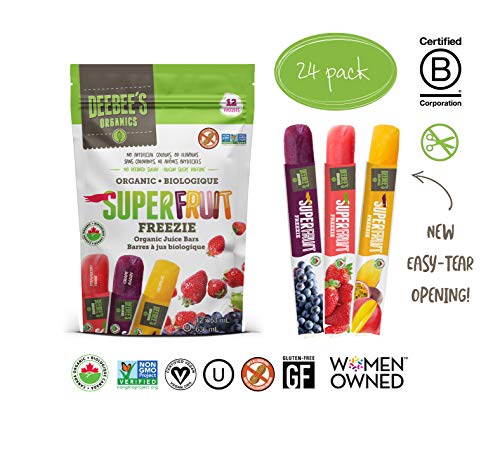 DeeBee's 100% Organics Super Fruit Freezie Frozen Juice Bars - Grape, Strawberry and Tropical Fruit Popsicles - Nut, Gluten and Dairy-Free, No Added Sugars - Vegan, Kosher and Non-GMO (24 Pack)