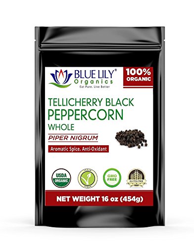 Blue Lily Organics Tellicherry Black Peppercorns (16 oz) - Extra Bold Vegan, Non-GMO, USDA Certified, 100% Organic Black Pepper with Anti-oxidants, Immune Boosting & Anti-Inflammation Properties
