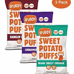 Spudsy Sweet Potato Puffs Variety Pack | 3 Pack | 4 oz Bags | Vegan, Gluten Free, Kosher, Allergen Free, Plant-Based | Made With Upcycled Sweet Potatoes | Antioxidant Superfood | Clean and Sustainable