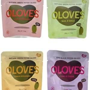 Oloves Natural Pitted Olives Variety Pack of 24 - Gluten-Free Vegan Basil & Garlic, Chili & Oregano, Lemon & Rosemary, & Chili & Garlic