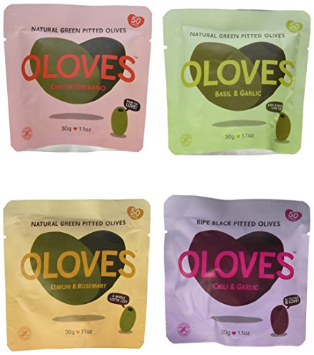 Oloves Natural Pitted Olives Variety Pack of 24 - Gluten-Free Vegan Basil & Garlic, Chili & Oregano, Lemon & Rosemary, & Chili & Garlic