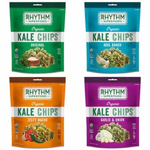 Rhythm Superfoods Kale Chips, Variety Pack, Original/Zesty Nacho/Kool Ranch/Garlic & Onion, Organic and Non-GMO, 2 Oz (Pack of 4), Vegan/Gluten-Free Superfood Snacks