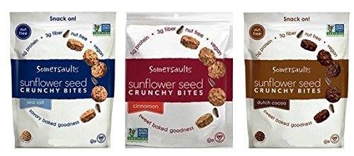 Somersaults Nut Free Vegan Sunflower Seed Snacks 3 Flavor Variety Bundle: (1) Pacific Sea Salt, (1) Dutch Cocoa, and (1) Cinnamon, 6 Oz. Ea. (3 Bags Total)