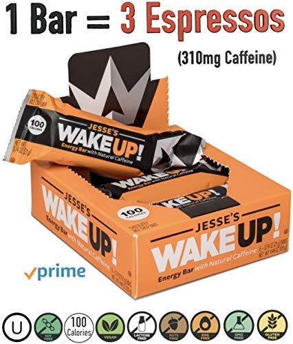 Jesse's WakeUP Nutrition Energy Bars: Gluten Free Snack Bars 310mg of Natural Caffeine to Boost Energy, Mental Clarity and Alertness - 100 Calorie Vegan Dark Chocolate and Rice Crisp Power Bar: 6 Pack