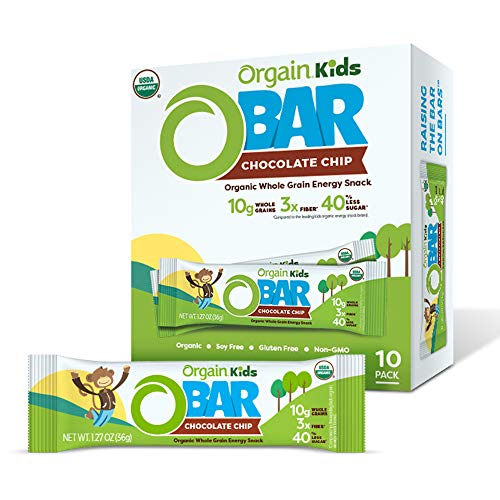 Orgain Organic Kids Energy bar, Chocolate Chip - Great for Snacks, Vegan, 7g Dietary Fiber, Dairy Free, Gluten Free, Lactose Free, Soy Free, Kosher, Non-GMO, 1.27 Oz, 10Count