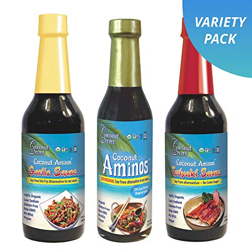 Coconut Secret Coconut Aminos Variety Pack - Coconut Aminos Original, Garlic Sauce & Teriyaki Sauce - 1 Each, 8-10 fl oz - Organic, Vegan, Non-GMO, Gluten-Free, Kosher - 128 Total Servings
