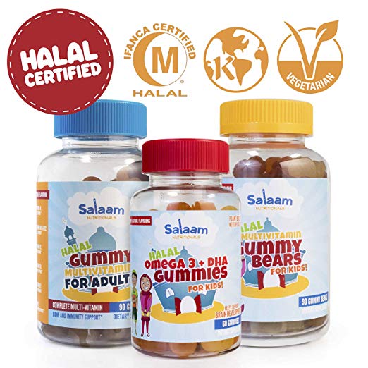 Salaam Nutritionals Halal Mega Family 5 Pack– Calcium, Children’s Multivitamin, Children's Omega 3 + DHA. Adult Multivitamins, Children's Omega 3 + DHA, Adult Vitamin D – Kosher, Gluten & Nut Free