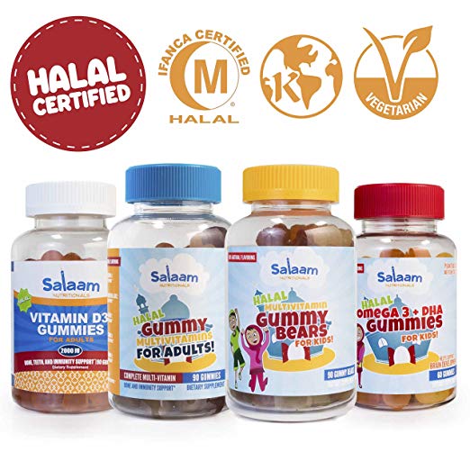 Salaam Nutritionals Halal Mega Family 5 Pack– Calcium, Children’s Multivitamin, Children's Omega 3 + DHA. Adult Multivitamins, Children's Omega 3 + DHA, Adult Vitamin D – Kosher, Gluten & Nut Free
