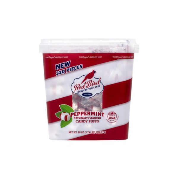 Red Bird Soft Peppermint Candy Puffs 60 oz Tub w/Handle | 320 pieces | Gluten Free | Kosher | Free from Top 8 Allergens | Made with 100% Pure Cane Sugar | Individually Wrapped Candy