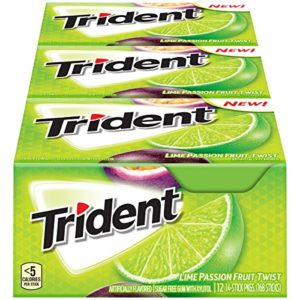 Trident Lime Passion Fruit Sugar Free Gum, with Xylitol, 14 Count, Pack of 12