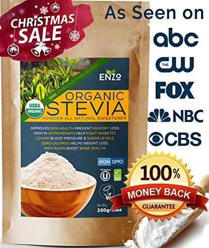 Easy Use Organic Stevia Powder 200g (7.05oz / 1600 Servings) All Natural Alternative Sweetener 12 x Sweeter than Processed Sugar USDA Certified No Artificial additives & fillers