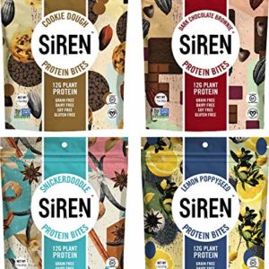 Siren Snacks Variety Pack, 1.7 oz Bags (Pack of 4) Includes Flavors Cookie Dough Protein Bites, Dark Chocolate Brownie Protein Bites, Lemon Poppyseed Protein Bites, and Snickerdoodle