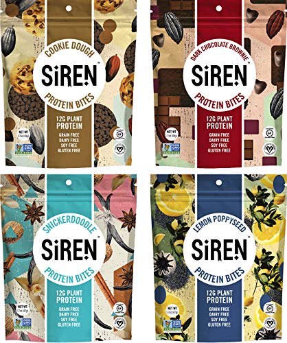 Siren Snacks Variety Pack, 1.7 oz Bags (Pack of 4) Includes Flavors Cookie Dough Protein Bites, Dark Chocolate Brownie Protein Bites, Lemon Poppyseed Protein Bites, and Snickerdoodle