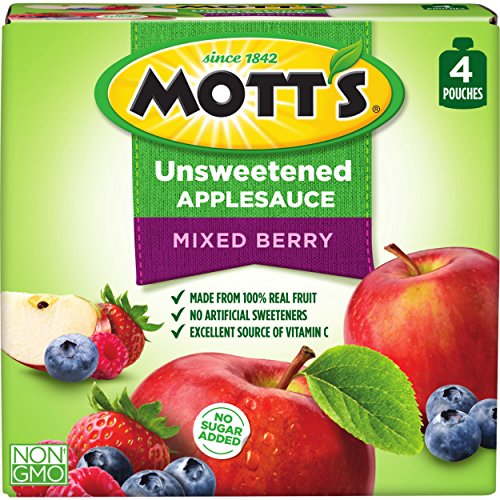 Mott's No Sugar Added Mixed Berry Applesauce, 3.2 Ounce Clear Pouch, 4 Count (Pack of 6), Perfect for on-the-go, No Added Sugars or Sweeteners, Gluten Free and Vegan