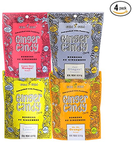 Assorted Ginger Chews (4-Pack)- (4) Gem Gem 5oz Bags - ORIGINAL, MANGO, LEMON & ORANGE | All-Natural, Non-GMO, Gluten Free, Vegan, REAL Indonesian Ginger - The perfect chewy sweet with a kick!
