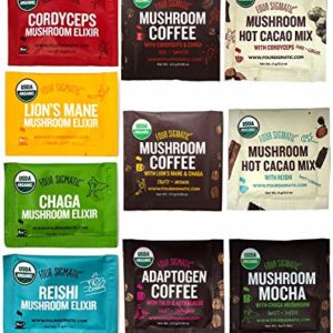 Four Sigmatic Mushroom Coffees, Elixirs and Cacaos Ultimate Sampler Pack (10 Packets Total) - USDA Organic, Vegan, Paleo